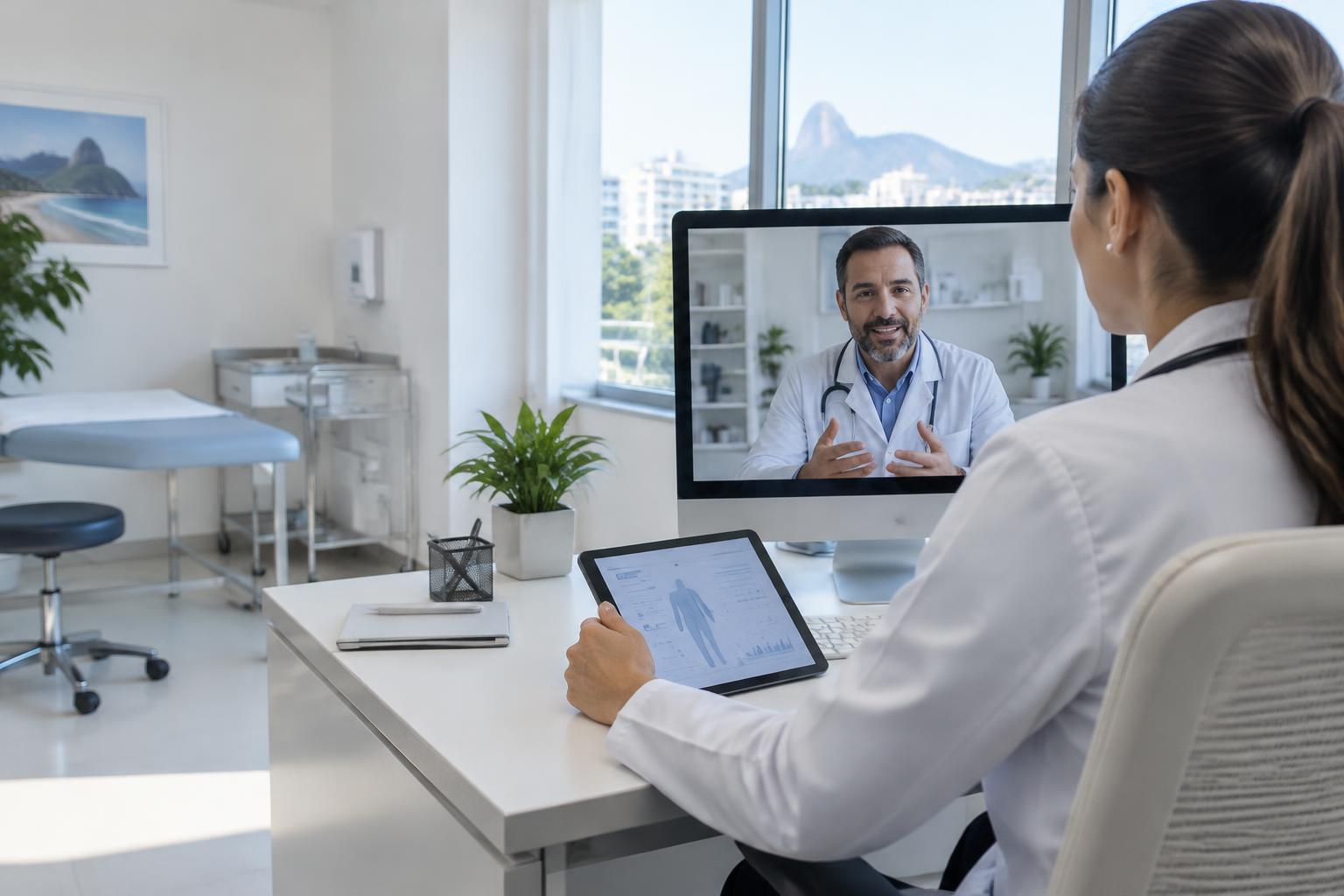 Profissional de saúde utilizando videochamada e tablet em uma consulta digital