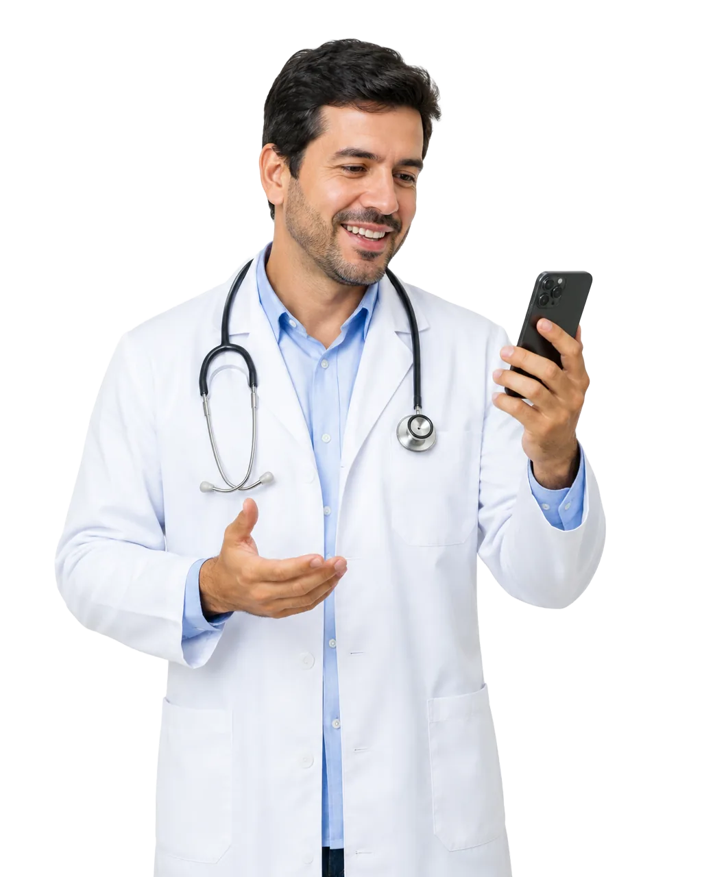 Médico realizando um atendimento digital pelo celular